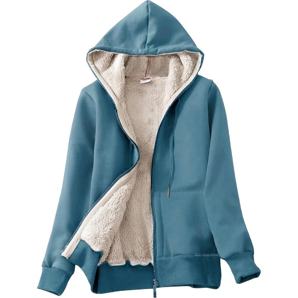 Yeokou Casual Jacket Women Blue Full Zipup Sherpa Lined Hoodie Sweatshirt Coat